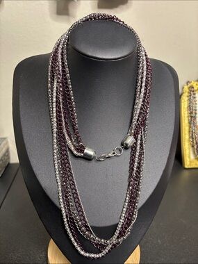 Long Boho Chain Multi-Strand Purple and Silver Women's Necklace